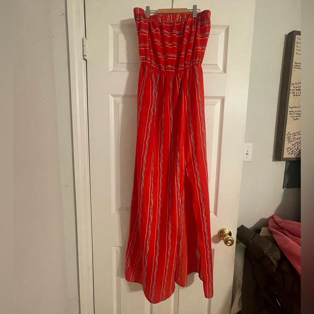 Strapless orange dress with black and white stripes